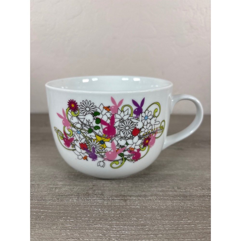 Playboy Bunny Floral Coffee Mug White Pink Purple Flower Oversized Cup Soup Bowl